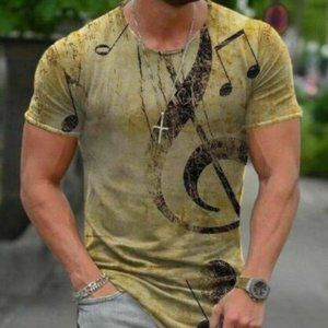 **- Men Note musical  Print Short Sleeve T-Shirt Summer Casual Crew Neck Pu…